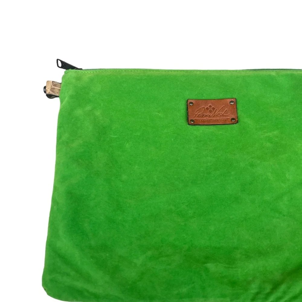 Patricia Nash Green Zip Closure Bag Leather Trim Logo Spellout Used Travel